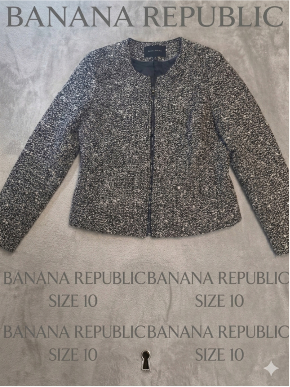 Banana Republic Tweed Jacket Womens 10 Black White Collarless Full Zip Blazer